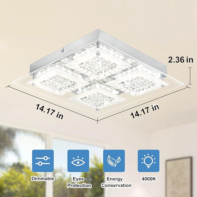 Crystal Ceiling Light LED Square Hallway Light Fixture Dimmable Flush Mount Ceiling Lights 14 Inch 4000K Bathroom Ceiling Lighting Foyer Chrome Kitchen Living Room Light