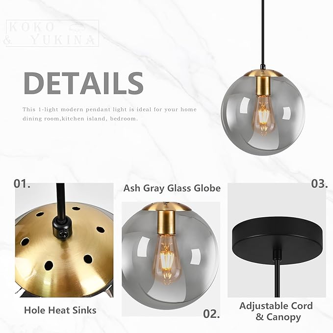 KoKo&Yukina 10 Inch Pendant Light Glod Globe Pendant Lights Kitchen Island Mid Century Light Fixture Adjustable Globe Pendants Lights with Grey Glass Shade for Dining Room Living Room