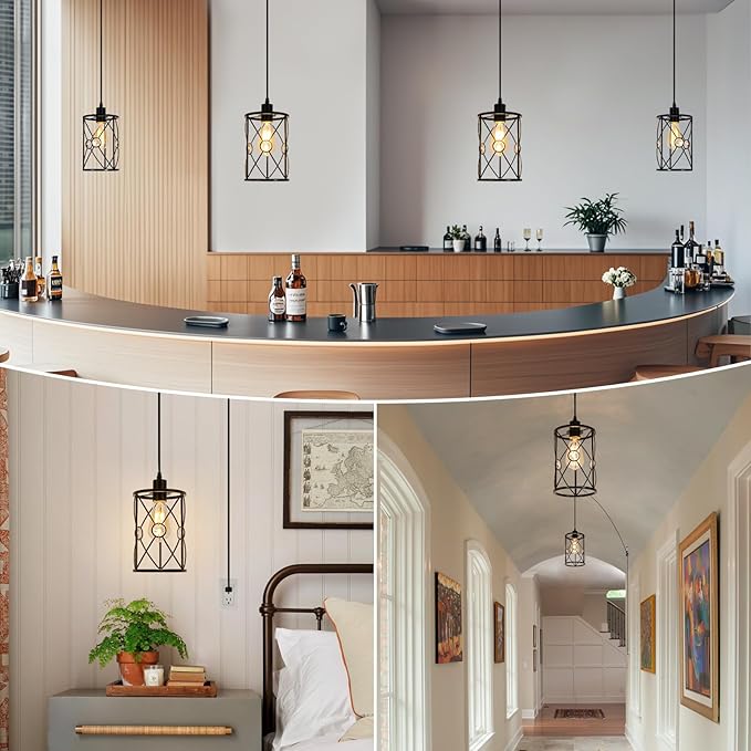 Plug in Industrial 2 Pack Farmhouse Pendant Light, Mini Cage Pendant Lighting in Black Finish with Crystal, Adjustable Length Hanging Light Fixture for Hallway, Bedroom, Living Room, Kitchen