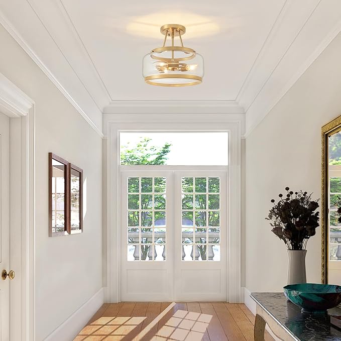 11.81" Brushed Gold Semi Flush Mount Ceiling Light, Modern Glass Drum Light Fixtures, 3-Light Golden Ceiling Lights for Hallway Entryway Bedroom Laundry Room Kitchen Dining Room Bathroom Lighting
