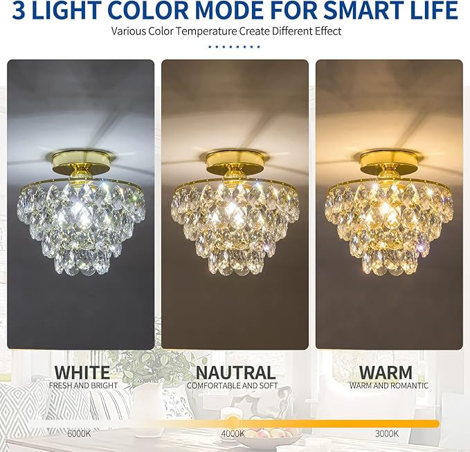 CM MZY Modern Gold Crystal Chandeliers, Mini Flush Mount Ceiling Light Fixture, Close to Ceiling Lamp Fixture for Hallway Bedroom Bathroom Closet Kitchen Foyer