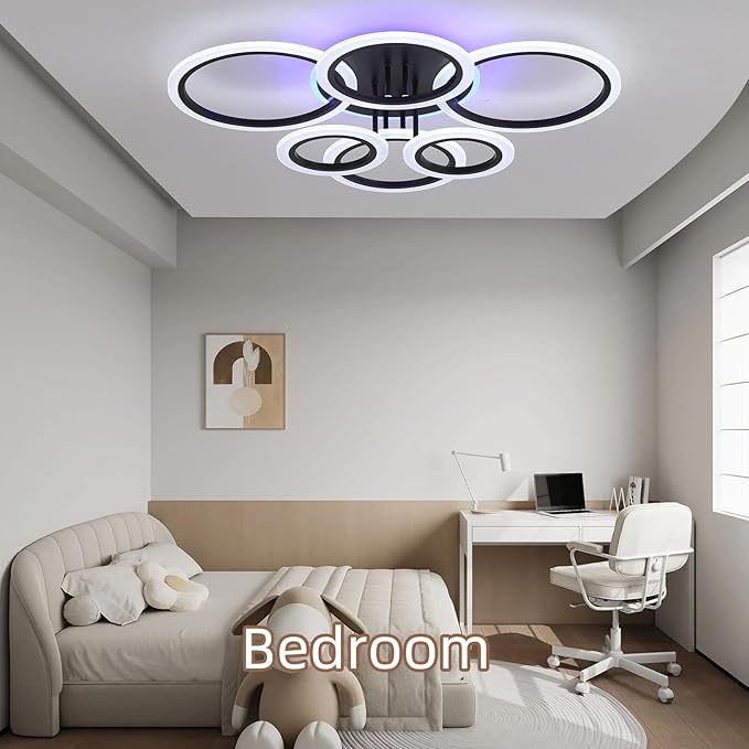 Modern LED Ceiling Light,Dimmable Ceiling Lights for Bedroom,70W Flush Mount Ceiling Light,6 Rings Lighting Fixture LED Ceiling Lamp for Kitchen,Living Room,Laundry Room,3000-6000K,Black