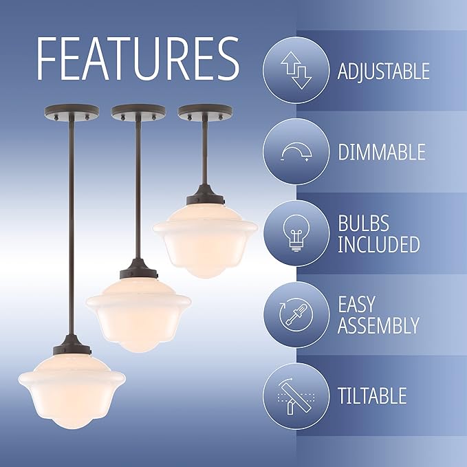 JONATHAN Y 9.5" Oil Rubbed Bronze Modern Schoolhouse LED Pendant Light Fixture, Adjustable Drop Metal Hanging Lamp with White Glass Shade for Kitchen Island, Dining Room, Foyer (JYL3517C)