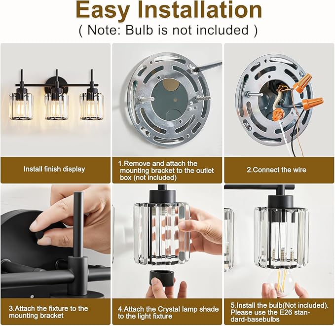EJIAXIN 3 Light Black Crystal Vanity Light, Modern Bathroom Vanity Light Over Mirror, Up and Down Mount Wall Sconce Lighting for Bathroom Bedroom Living Room Hallway