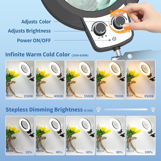 HITTI 12X Magnifying Glass with Light Hands Free, 2026 New Infinite Color and Brightness Desk Lamp & Clamp, 2-in-1 LED Lighted Magnifier Stand for Craft Reading Hobby Close Work(12X Ring Base & Clamp)