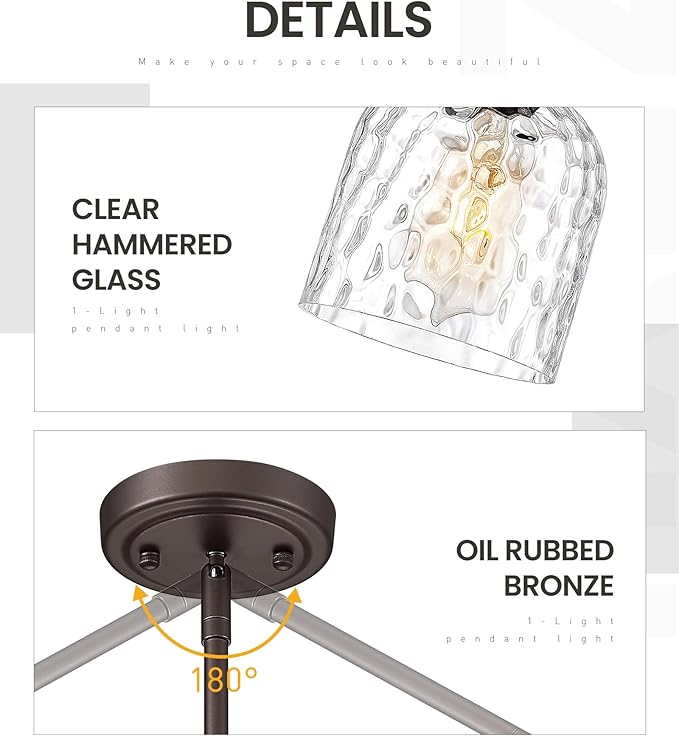 zeyu Large Kitchen Pendant Lightings, Hanging Ceiling Lights Fixtures Kitchen 2 Pack, Adjustable Hanging Lights with Clear Hammered Glass, Oil Rubbed Bronze Finish, ZJF63MIL-L-2PK ORB