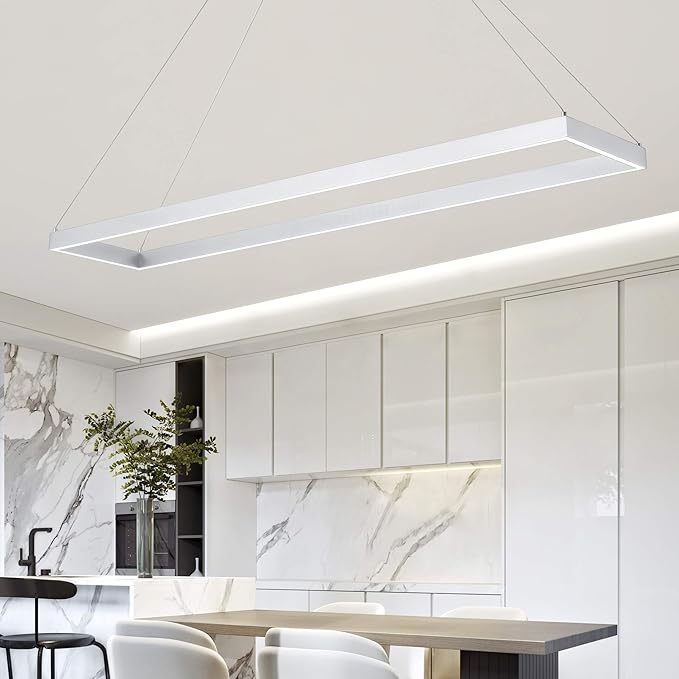 Modern Led Chandelier Linear Rectangle Chandelier Modern Led Pendant Light Kitchen Island Lighting Fixture 6000K Dimmable 39.4” Contemporary Hanging Light for Dining Room Living Room Silver