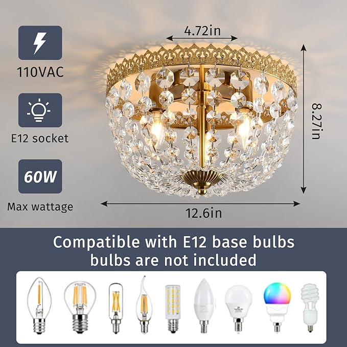 Crystal Flush Mount Ceiling Light Fixture 3 Lights French Empire Chandeliers Lighting for Dining Living Room Foyer Kitchen Bedroom Hallway Entryway,Brushed Brass Finish,W12.6 inch X H8.27inch