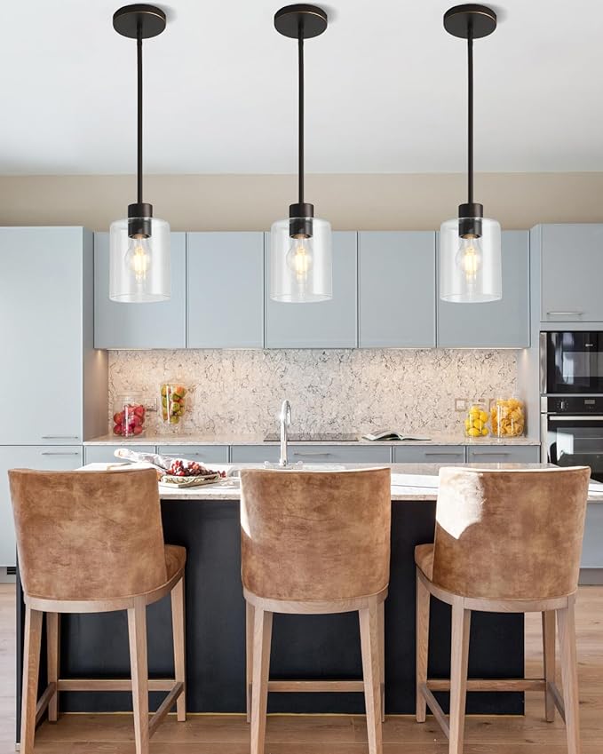 Brown and Gold Pendant Lights Kitchen Island - Clear Glass Pendant Light Fixture Multiple Stems Rods 3 Units 12 Inch 3 Units 4 Inch (2 Pack Brown and Gold Downrod)