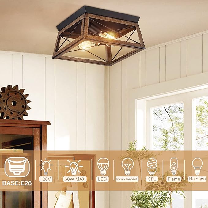 Pia Ricco Farmhouse Flush Mount Ceiling Light Fixture, Outdoor Porch Ceiling Lights, Rustic Industrial Style Square Close to Ceiling Light for Entry, Hallway, Kitchen, Patio, 2-Light, Brown