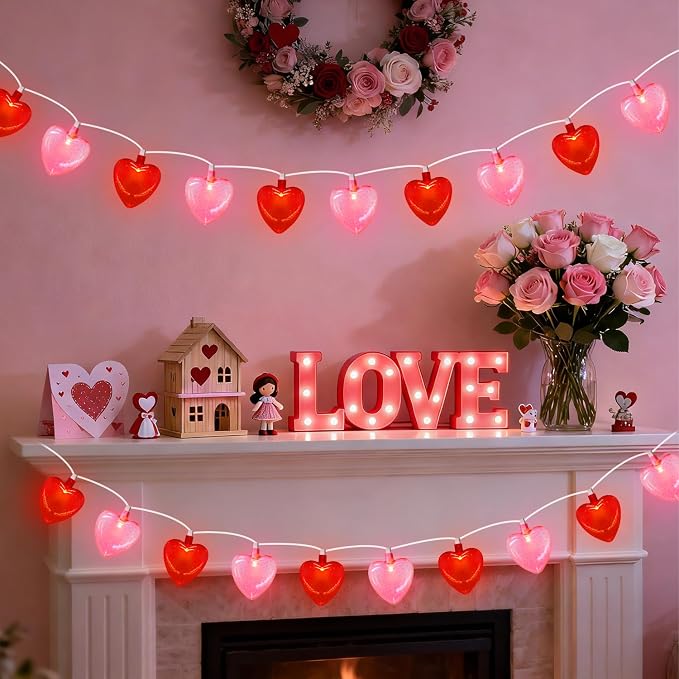 8.5Ft Red & Pink Heart String Lights, Valentine's Day Decorations Light with 10 LED Red Pink Glitter Heart Lights, Connectable Romantic Fairy Light for Wedding Valentine Anniversary Party Decor
