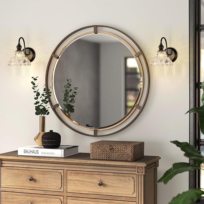 Modern Black Wall Sconce Mini Wall Light Made of Metal Body and Pressed Patterned Glass Retro Vanity Light for Bedroom, Bathroom, Doorway, Farmhouse