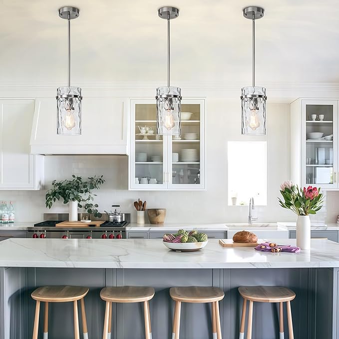 5.5" Brush Nickel Hammered Glass Pendant Light Fixtures, Brushed Nickel Pendant Lights Kitchen Island, Modern Kitchen Island Light Dining Room Light Farmhouse Island Lights Sink 2 Pack