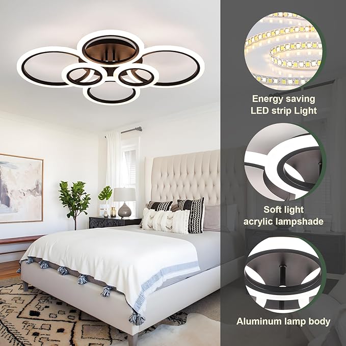 Modern Ceiling Lights 31.8" 68W, Dimmable Kitchen Lighting Fixtures Ceiling, 3000-6500K Light Fixture Ceiling Mount with Remote Control, Black 6 Ring LED Ceiling Light for Bedroom