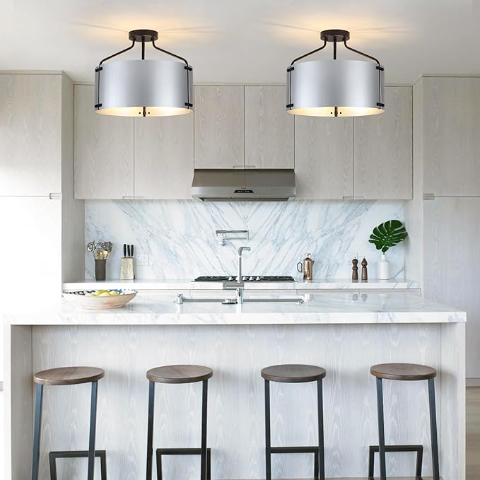 Kitchen Lighting Fixtures Ceiling,16''Silver Chandelier Light Fixture,Drum Bedroom Ceiling Lights,3-Light Close to Ceiling Light Fixtures for Farmhouse Hallway Porch Entryway