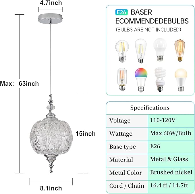 Modern Chrome Pendant Light Fixtures 8.3" Pendant Lighting for Kitchen Island Living Room Bedroom