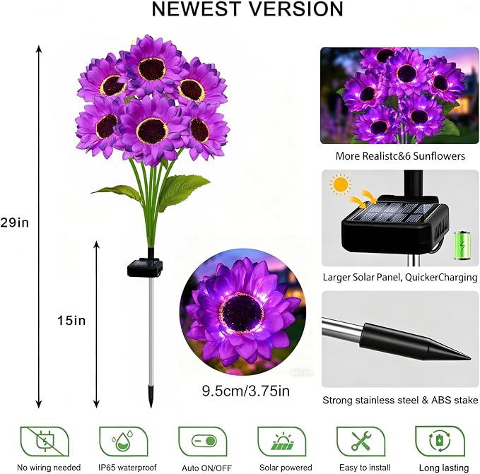 Solar Lights Outdoor, Gift for Women Mom Grandma Friends, 4 Pack 24 Solar Purple Sunflower Lights, Solar Flower Lights Waterproof, Outside Sunflower Decor Lights For Landscape Yard Patio Lawn Pathway