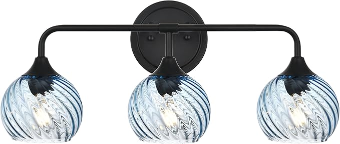 MELUCEE 25 Inch Bathroom Light Fixtures Black, 3-Light Vanity Lights with Blue Striped Swirl Glass Shade, Mid-Century Modern Bathroom Vanity Light Over Mirror