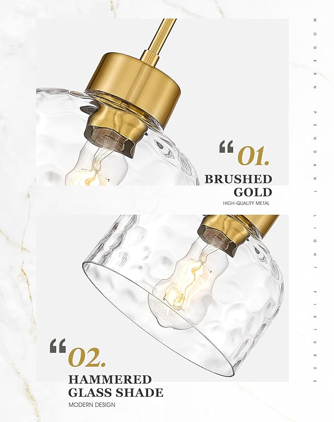 Gold Pendant Lights Kitchen Island, 8" Hanging Light Fixtures with Hand-Blown Hammered Clear Glass, Modern Brass Kitchen Pendant Lighting Over Island for Dining Room, AD-24024-1PL-GD-H