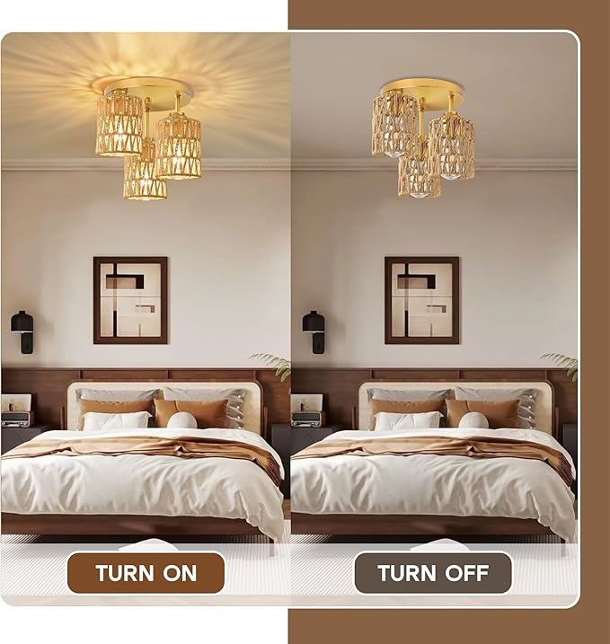 hykolity 3-Light Semi Flush Mount Ceiling Light Fixture, Boho Farmhouse Light Fixtures Ceiling Mount with Hand Woven Rattan Shade, Gold Ceiling Lighting for Kitchen, Bedroom, Entryway, Hallway, ETL