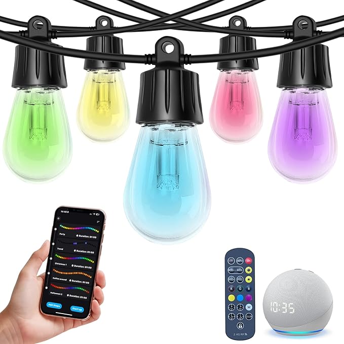 150ft String Lights for Outside, Smart RGB IC Warm White Patio Lights Outdoor Waterproof with Remote & App Control, Compatible with Alexa Great for Porch, Yard, Pergola