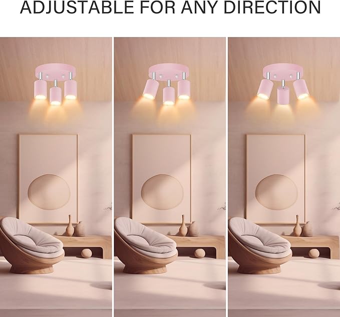 BoostArea LED 3 Light Track Lighting Kit, LED Track Lighting Fixtures, Pink Round Ceiling Spot Lighting, Flexibly Rotatable Light Head for Kitchen, Living Room, Bedroom, GU10 Bulb Not Included