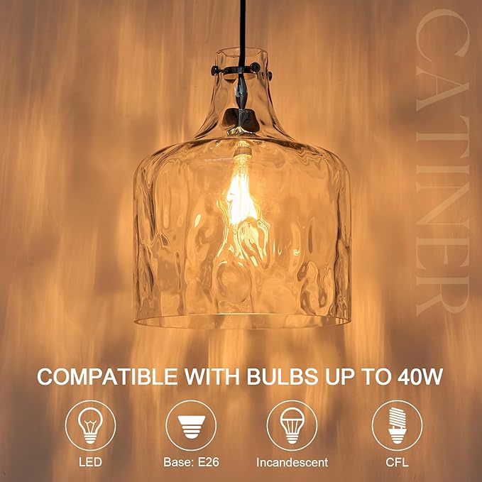 CATINER Extra Large 16" Vintage Farmhouse Pendant Light – Hand-Blown Clear Hammered Glass Shade, Adjustable Chain, Hanging Light for Kitchen Island, Dining Room, Hallway, Black Finish