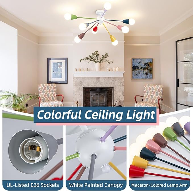 33 Inch Colorful Sputnik Chandelier, 8-Light Kids Ceiling Light Fixture, Modern Semi-Flush Mount Lamp for Children's Bedroom,Playroom, Nursery, Dining Room, Kitchen, Entryway