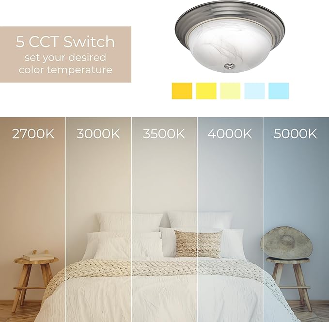 Builder Essential Collection LED 16W 1,350 Lumens 11in Round Flush Mount Ceiling Light with White Marbled Glass and 5-CCT Selectability 2700-3000-3500-4000-5000K and in Brushed Nickel