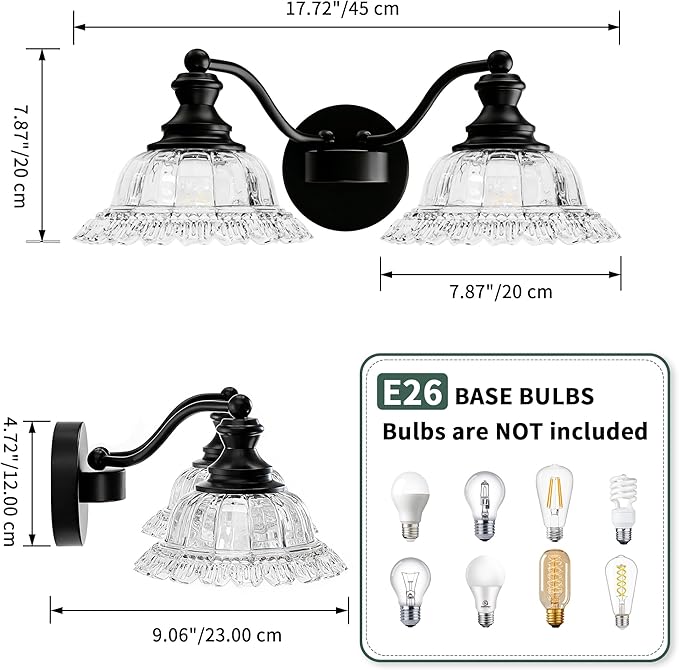 Espird 2 Lights Bathroom Vanity Light Fixtures, Vintage Black Vanity Lights for Bathroom, Farmhouse Antique Light Fixtures Over Mirror with Crystal Glass Shade