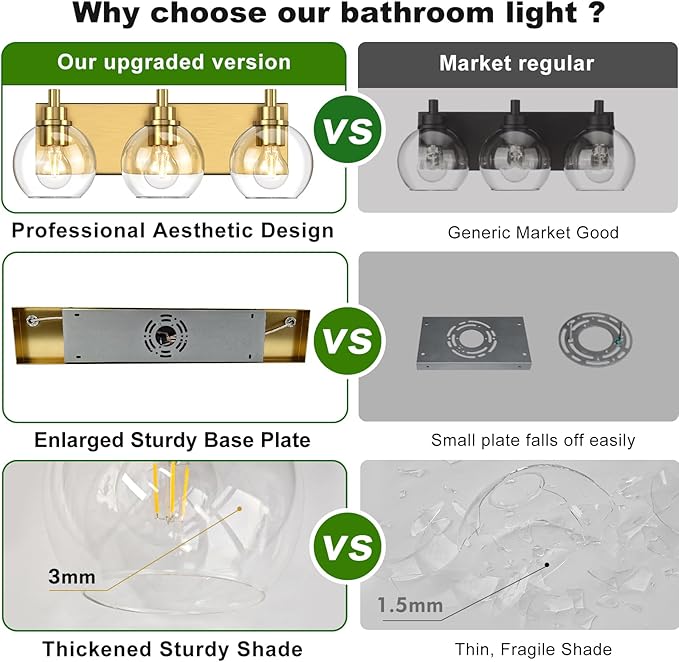 IZORRO Bathroom Light Fixtures, 3 Light Brushed Gold Vanity Light, Modern Wall Sconces with Globe Clear Glass Shade, Vanity Lighting Fixtures Over Mirror,E26 Bulb Socket