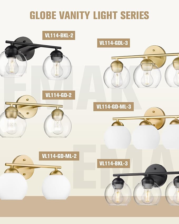 Emak 2-Light Gold Bathroom Light Fixtures, Modern Globe Vanity Lights with Milk Glass Shade for Bathroom, VL114-GD-ML-2