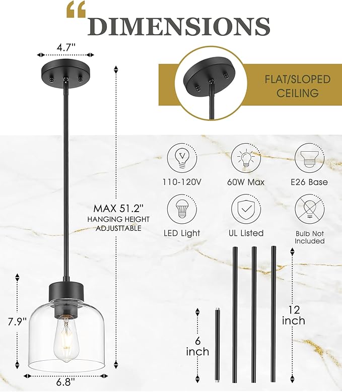 Black Pendant Lights Kitchen Island, 7" Hanging Lights Fixtures with Clear Glass Shade, Modern Kitchen Pendant Lighting Over Island for Dining Room, AD-24024-1P-BK