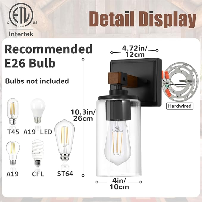 Wall Sconces Set of 2, Farmhouse Rustic Vanity Lights, Dark Brown Wood Grain Rustic Wall Sconce with Clear Glass Shade for Mirror, Bathroom, Bedroom, Hallway, E26, Hardwired(Bulbs Not Included)