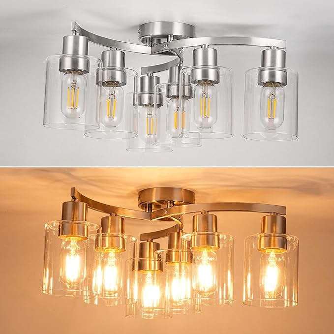 WILON 6-Light Large Brushed Nickel Semi Flush Mount Ceiling Light Fixture, Modern Light Fixtures Ceiling Mount with Clear Glass Shade, Industrial Ceiling Lamp for Dining Room Kitchen Living Room