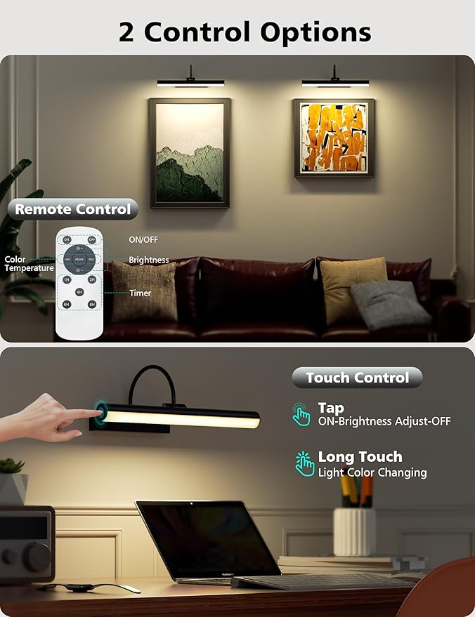VOLISUN Picture Lights for Wall, 13 inch Rechargable Picture Light Battery Operated, 3 Color Temperatures Cordless Picture Light with Remote, Art Light for Paintings, Gallery, Portrait, 1 Pack (Black)