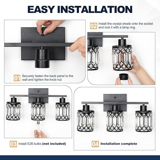 Crystal Modern Bathroom Light Fixtures, 3-Light Black Bathroom Vanity Wall Light, Vanity Lights for Mirror, Restroom, Bedroom (E26 Socket, Bulbs Not Included)