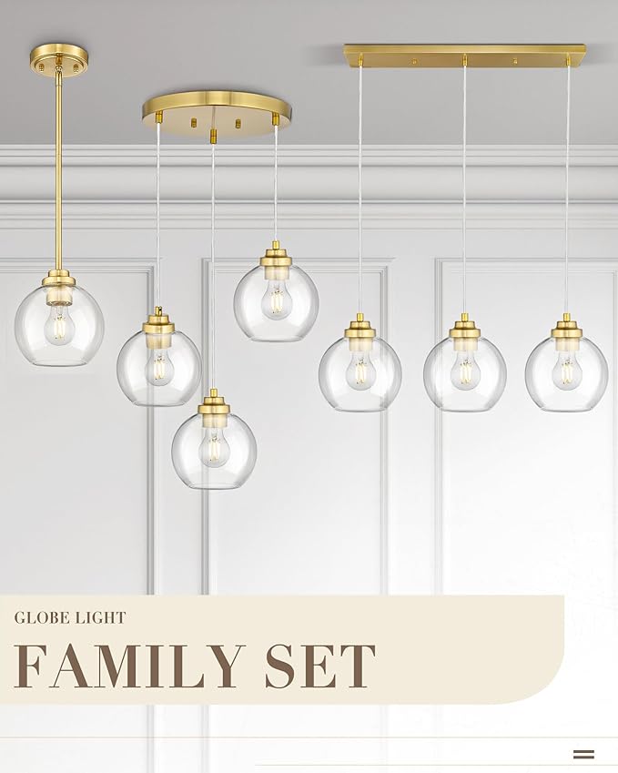 Gold Cluster Pendant Light, 3-Light Globe Hanging Light Fixture, Kitchen Island Lighting with Clear Glass for Dining Room Living Room Laundry Entrance Foyer, ZCPL101BG-3C