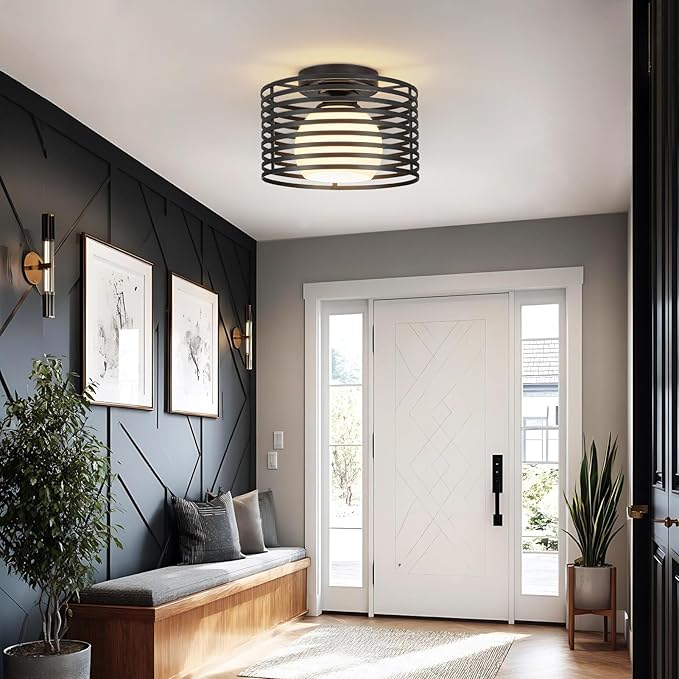 Modern Industrial Semi Flush Mount Ceiling Light, 1-Light Black Farmhouse Ceiling Light Fixture with Glass Shade, Hallway Lighting Fixture for Kitchen, Bedroom, Bathroom, Foyer, Laundry room 9.0in