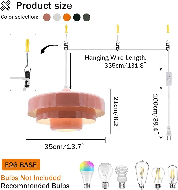 Hanging Lamp Pink Plug in Pendant Light Mid Century Modern Pendant Lamp Fixtures Nordic Hanging Light Style Pendant Lighting Metal Shade for Living Room Dining Room Bedroom Kitchen Island