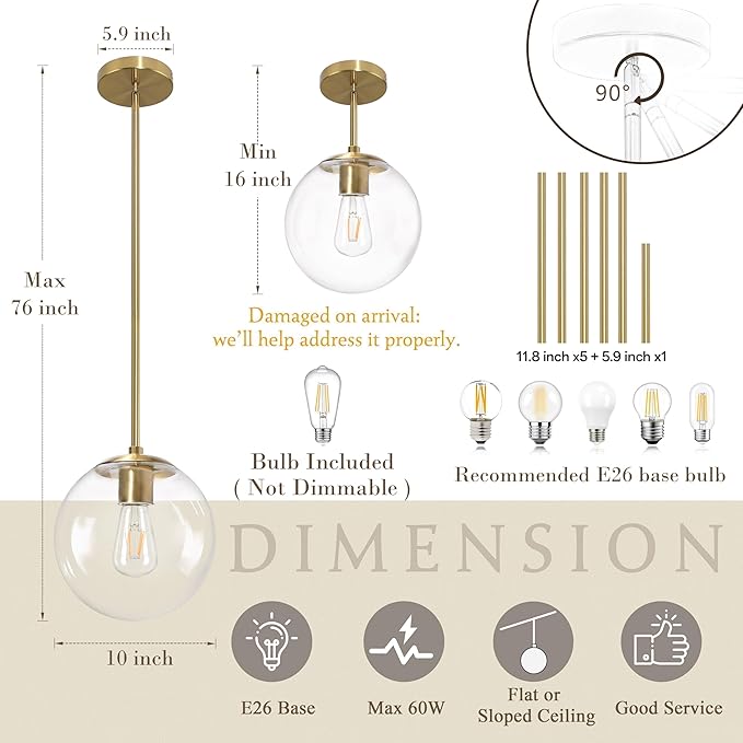 Bagood 10 Inch Globe Pendant Light Gold Mid Century Pendant Light Adjustable Hanging Light Fixture Globe Pendant Lights Kitchen Island Clear Glass with Brass Finish for Dining Room