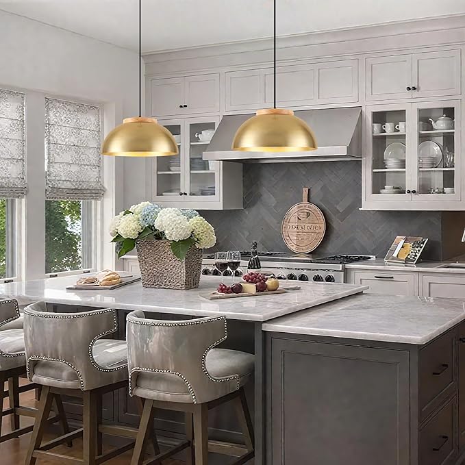Large Pendant Lights, Gold Pendant Lights for Kitchen Island, Farmhouse Pendant Light Fixtures with Wooden Holder, 16" Adjustable Lighting Fixtures for Dining Room, Living Room, Entryway, 2 Pack