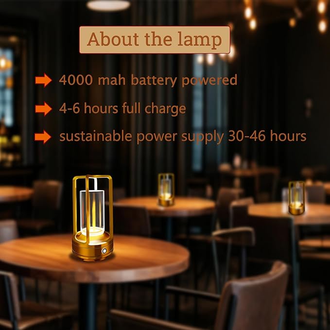 Outdoor Table Lamp, 4000mAh Rechargeable Battery Operated lamp, 3 Color Stepless Dimmable Cordless Table Lamp for Patio, Camping, Coffee Table, Crystal Lantern lamp for Indoor/Outdoor (Gold Set of 2)