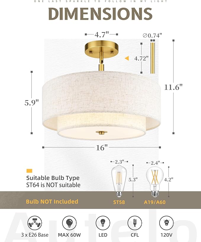 AUTELO Gold Semi Flush Mount Ceiling Light, 3-Light 16" Ceiling Light in Brushed Gold Finish with Drum Fabric Shade for Hallway Bedroom Kitchen, C2506 BG-16