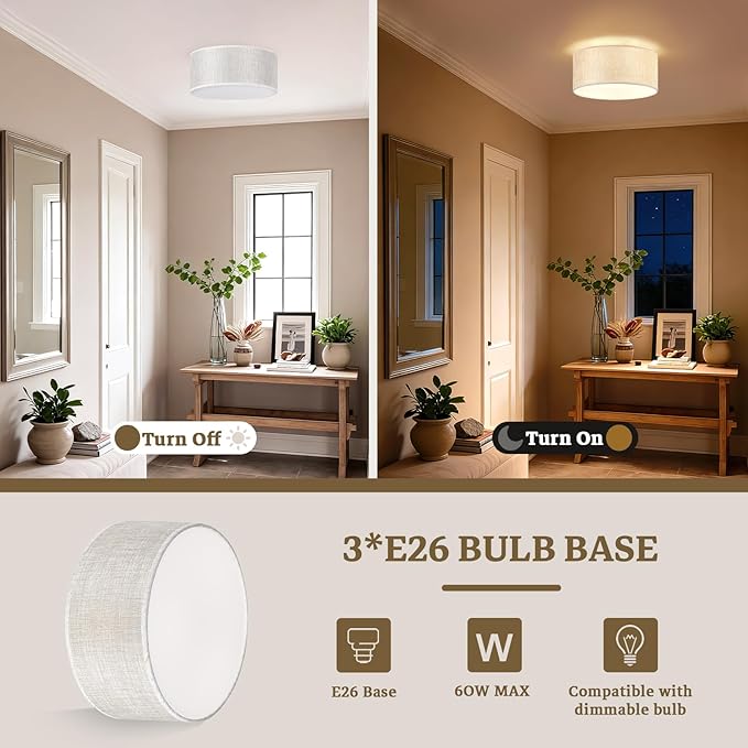 13Inch Modern Semi Flush Mount Ceiling Light,3-Light Drum Ciling Fixture with Soft Neutral Style for Bedroom,Living Room,Kitchen,Hallway,Entryway,Home Ambient Lighting