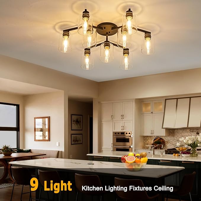 9 Light Kitchen Lighting Fixtures Ceiling Black Semi Flush Mount Ceiling Light Fixture Large Living Room Lighting Cieling Lamps for Dining Room Living Room Light Fixture with Clear Glass Shades