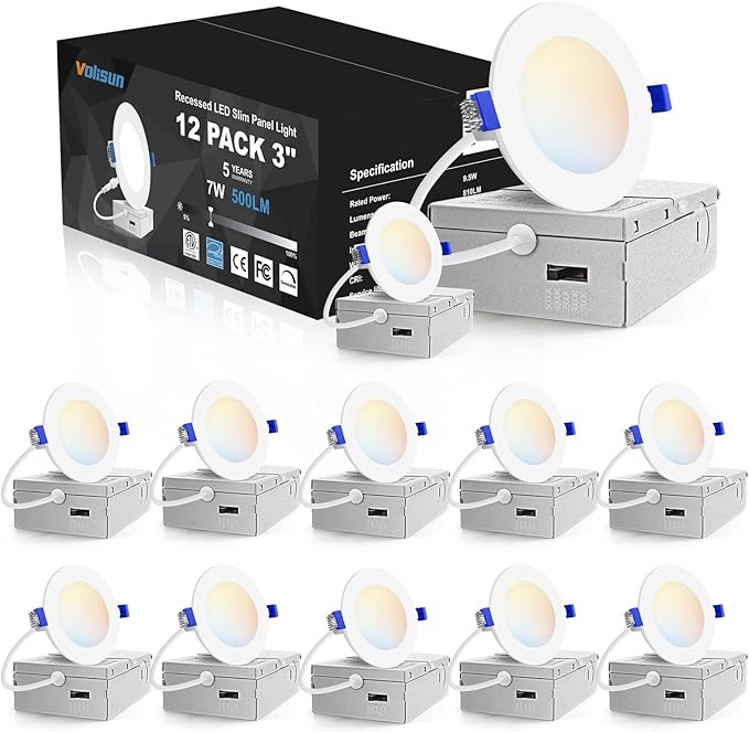 VOLISUN 12 Pack 3 inch Recessed Lighting, 5CCT LED Recessed Light with Junction Box, 2700K-5000K Selectable, Dimmable Canless Wafer Downlight, LED Ceiling Light ETL Certificated