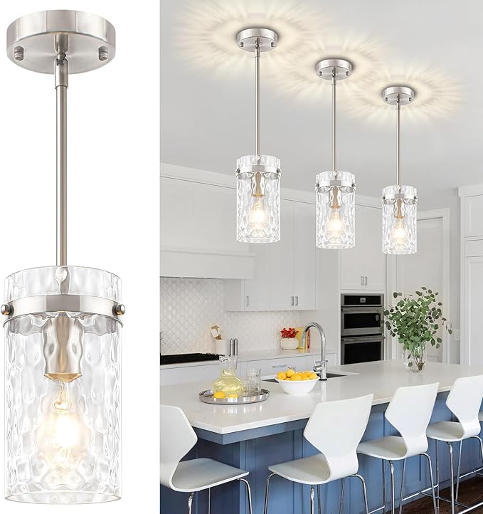 Brushed Nickel Pendant Lights Kitchen Island, Modern Hand-Blown Glass Kitchen Hanging Lights Fixture Over Island Adjustable Mini Pendan Lighting for Hallway Entryway Bathroom Foyer Dining Room