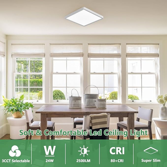 12 Inch Square LED Flush Mount Ceiling Light, 24W, 2520LM, 3000K/4000K/6000K CCT Selectable, Flat Panel Light, Low Profile, Fits for Hallway, Kitchen, Bedroom, Laundry Room (White, 12" 12PK)