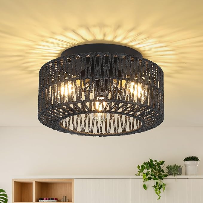 Rattan Light Fixtures, 3-Light Boho Flush Mount, Farmhouse Ceiling Light with Hand-Woven Shade, Modern Chandelier for Living, Bedroom, Entryway, Kitchen, Nursery